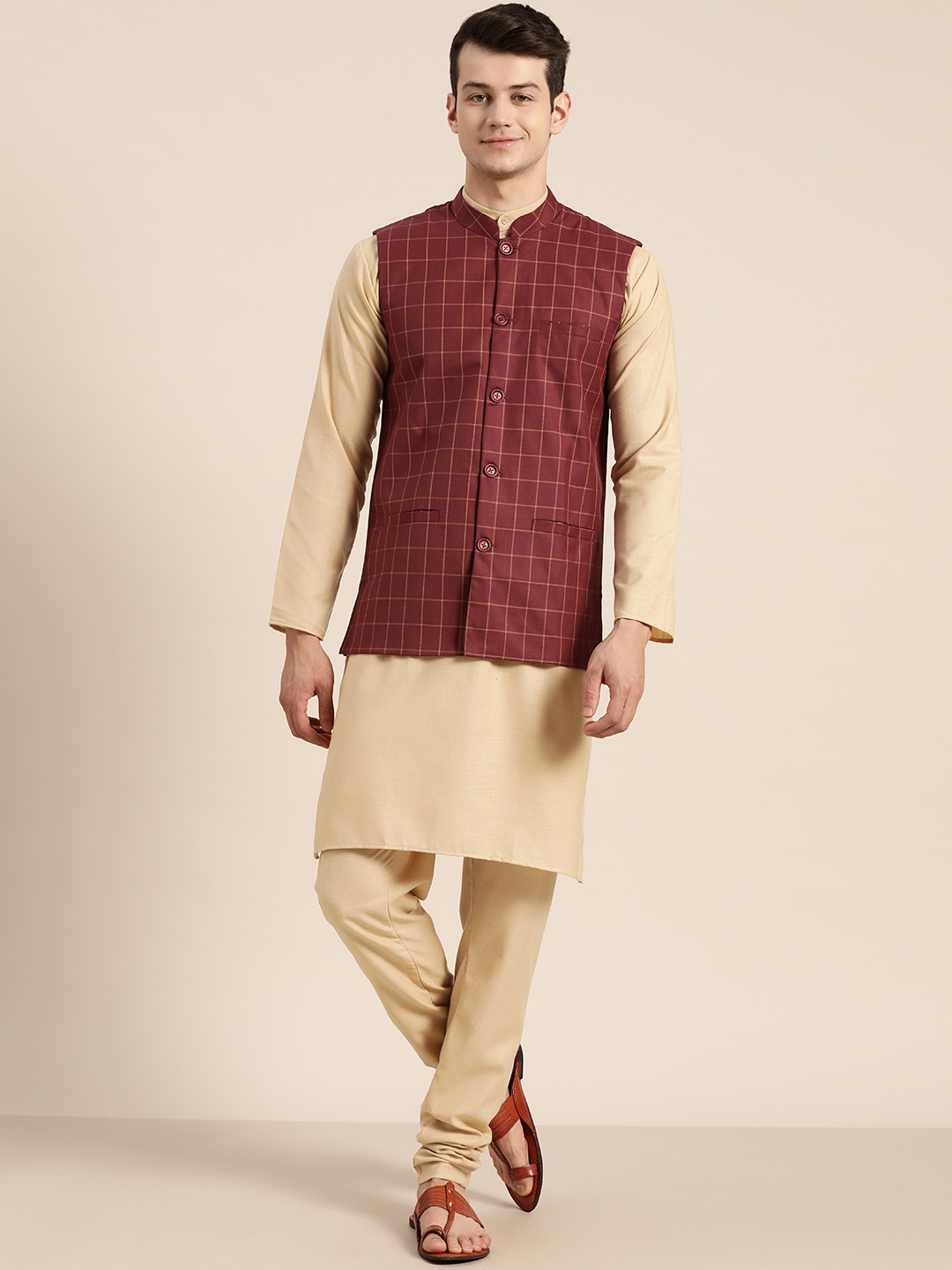 

SOJANYA Men Beige & Maroon Solid Kurta with Churidar & Nehru Jacket