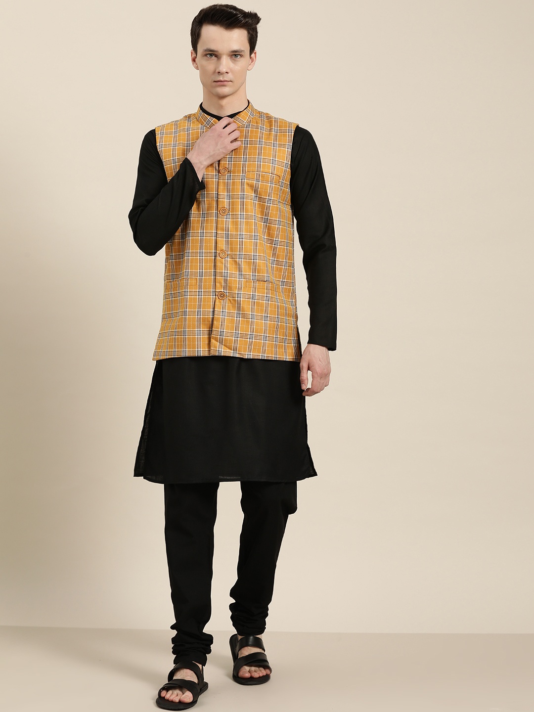 

SOJANYA Men Black & Mustard Yellow Solid Kurta with Churidar & Nehru Jacket