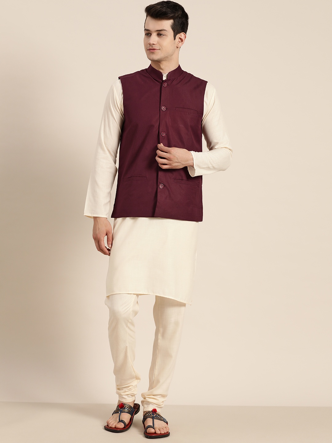 

SOJANYA Men Cream-Coloured Regular Pure Cotton Kurta with Churidar