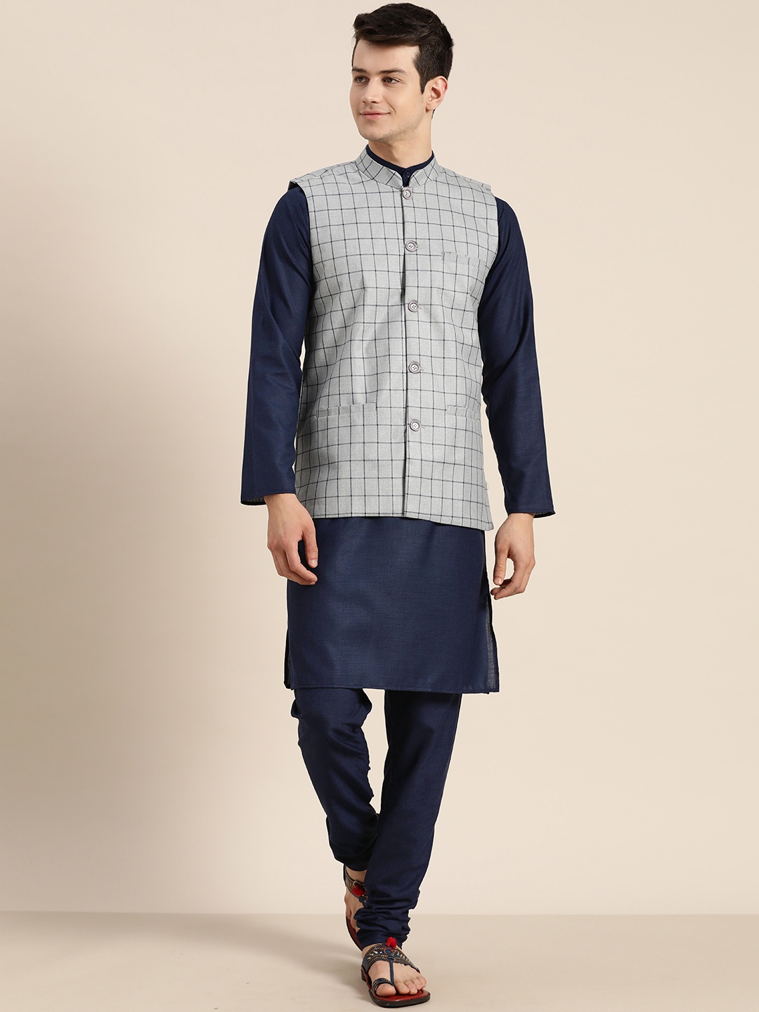 

SOJANYA Men Blue Solid Kurta with Churidar With Nehru Jacket
