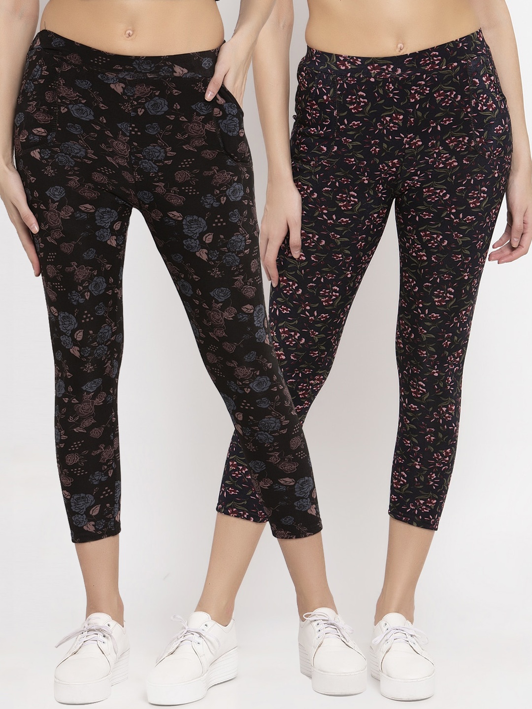 

KLOTTHE Women Multicolored Set of 2 Printed Cropped Woolen Jeggings, Multi