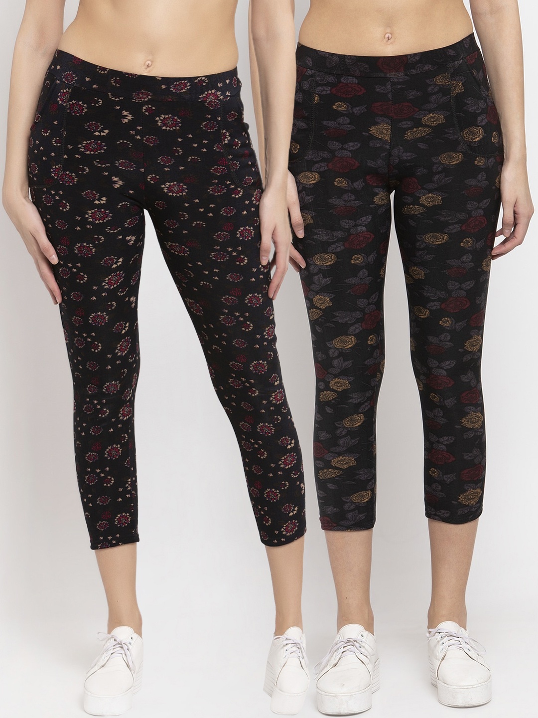 

KLOTTHE Women Multicolored Set of 2 Printed Cropped Woolen Jeggings, Multi