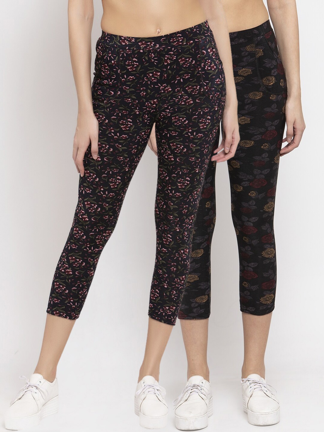 

KLOTTHE Women Multicolored Set of 2 Printed Cropped Skinny Fit Woolen Jeggings, Multi