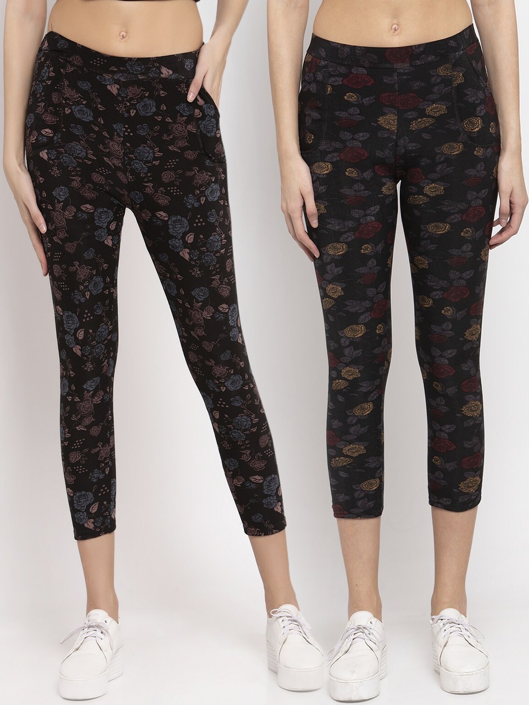 

KLOTTHE Women Multicolored Set of 2 Printed Cropped Woolen Jeggings, Multi