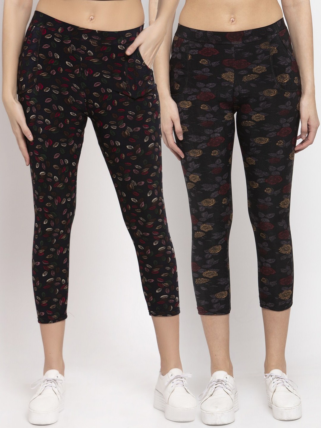 

KLOTTHE Women Multicolored Set of 2 Printed Cropped Woolen Jeggings, Multi