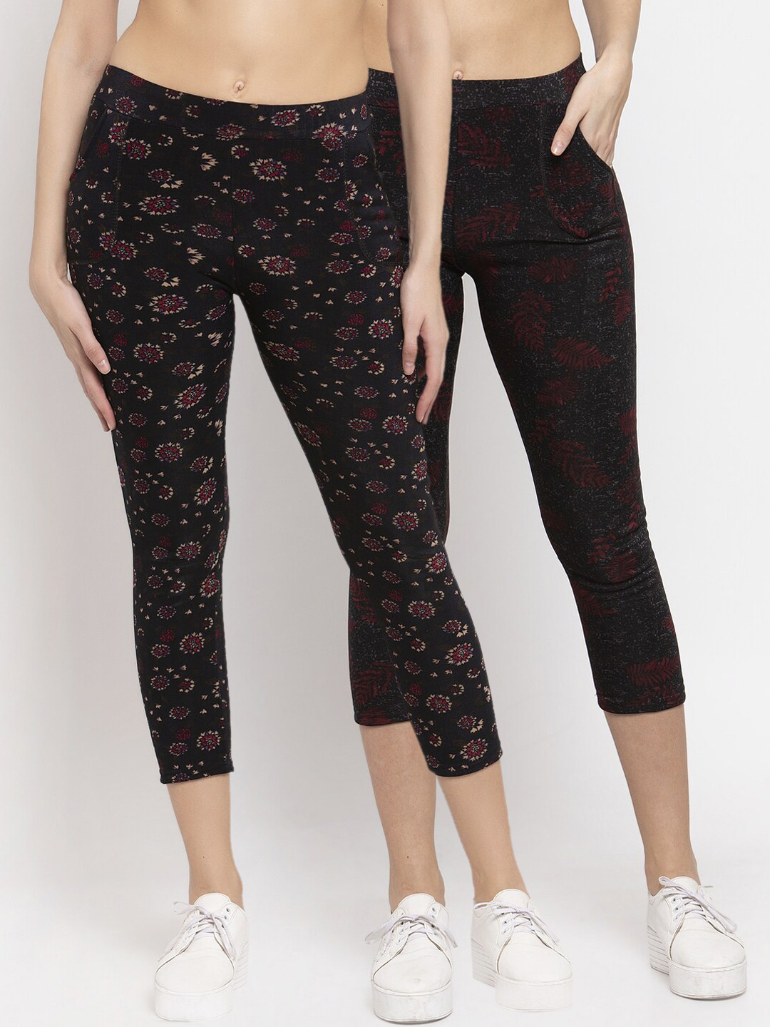 

KLOTTHE Women Multicolored Set of 2 Printed Cropped Skinny Fit Woolen Jeggings, Multi