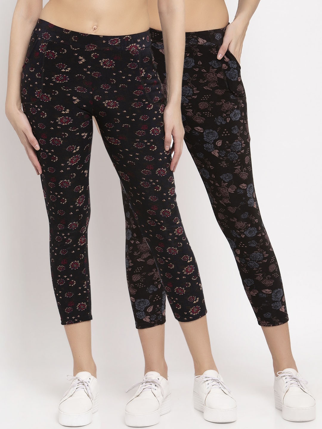

KLOTTHE Women Multicolored Set of 2 Printed Cropped Woolen Jeggings, Black