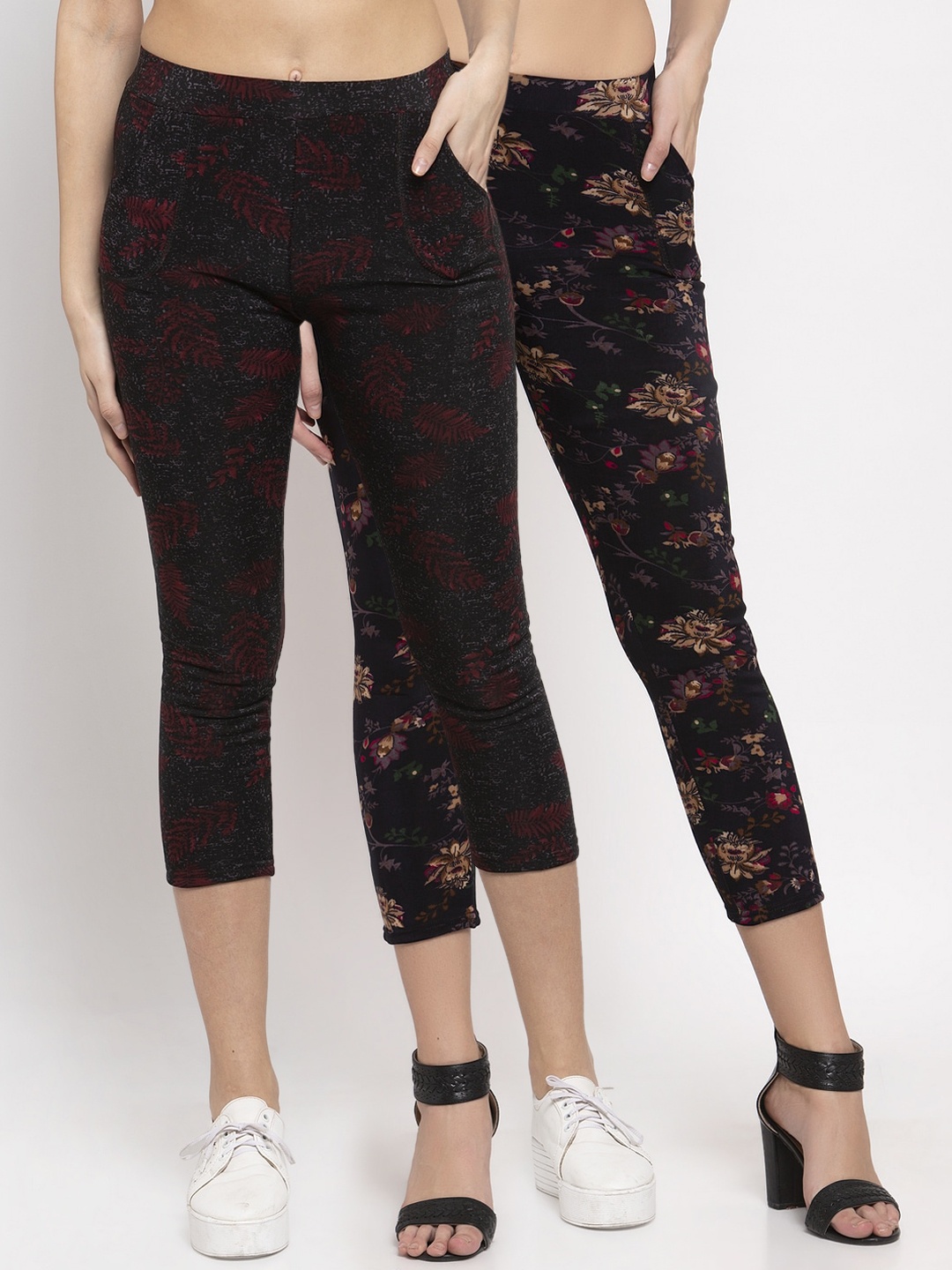 

KLOTTHE Women Multicolored Set of 2 Printed Cropped Woolen Jeggings, Multi