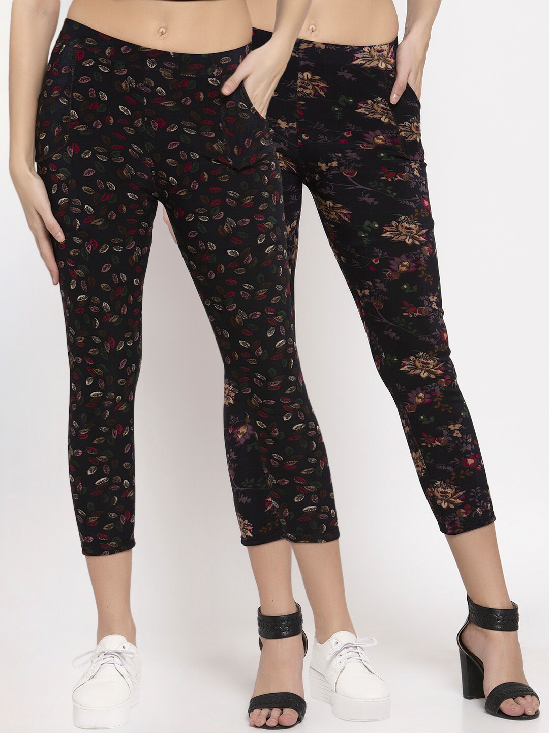 

KLOTTHE Women Multicolored Set of 2 Printed Cropped Woolen Jeggings, Multi