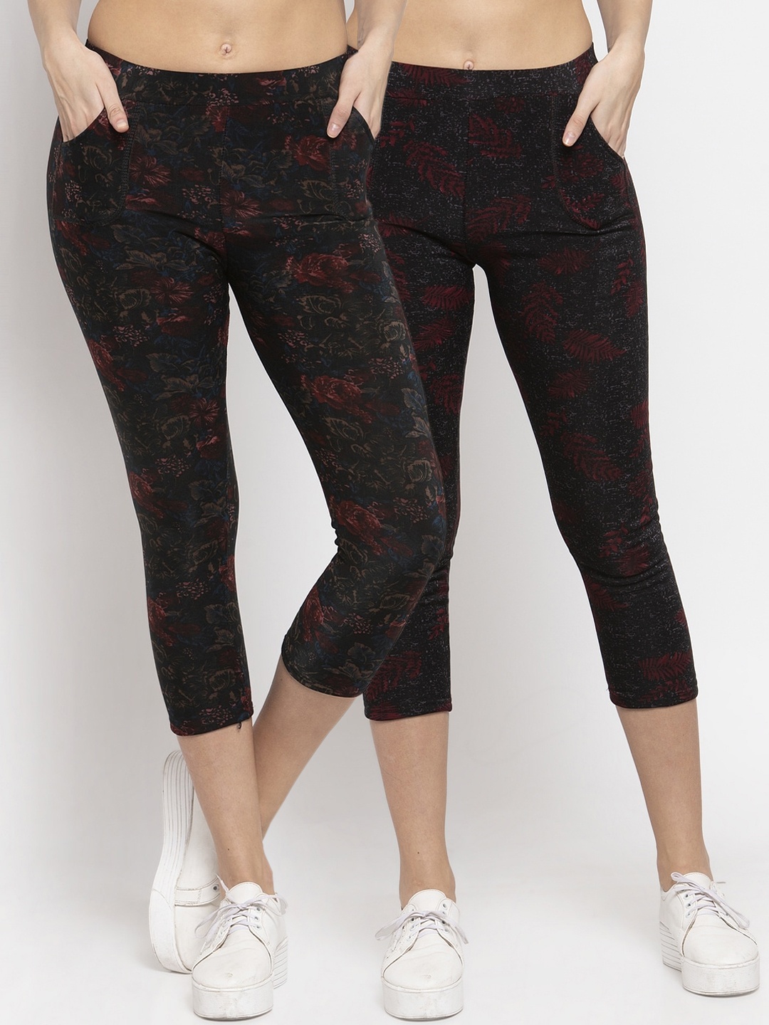 

KLOTTHE Women Multicolored Set of 2 Printed Cropped Skinny Fit Woolen Jeggings, Multi
