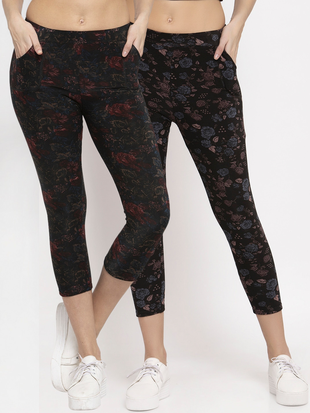 

KLOTTHE Women Multicolored Set of 2 Printed Cropped Woolen Jeggings, Multi