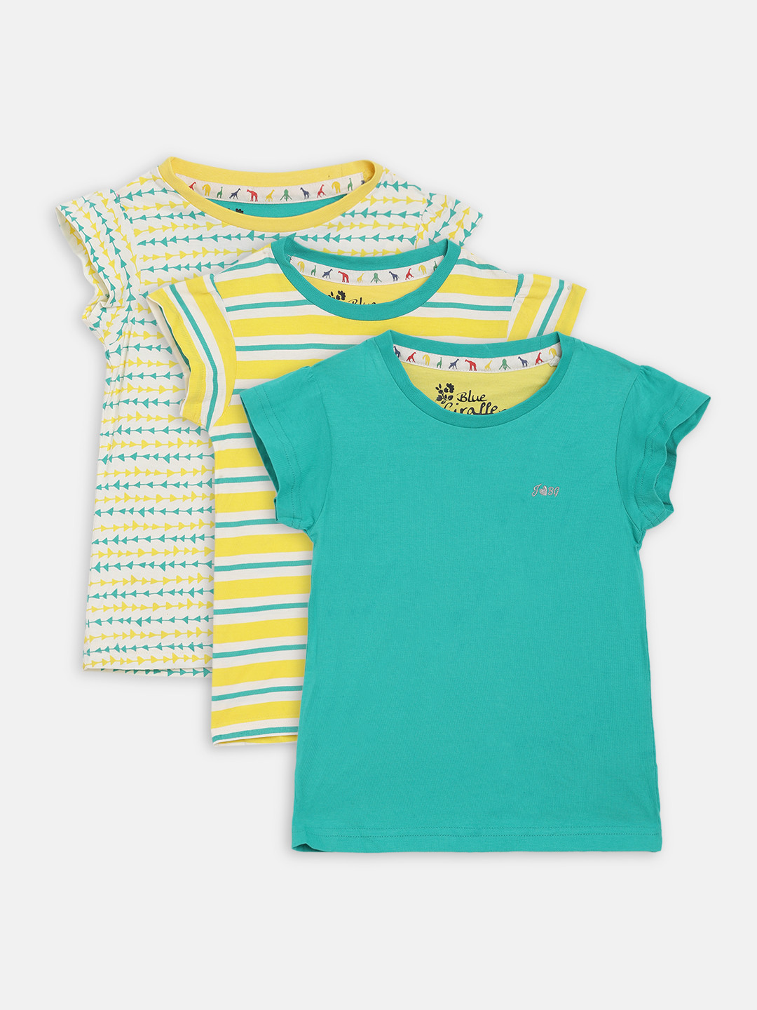 

Blue Giraffe Girls Green & Yellow Printed Round Neck T-shirt