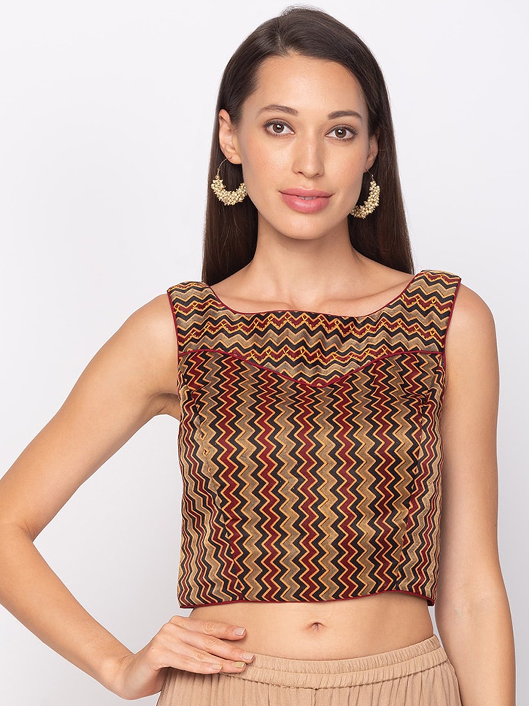 

SALWAR STUDIO Women Maroon & Brown Printed Padded Readymade Saree Blouse