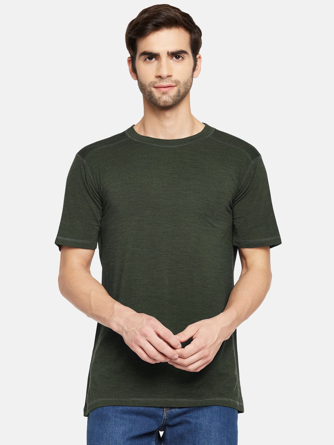 

Kosha Men Plus Size Olive Merino Wool & Bamboo Half Sleeves Thermal Top