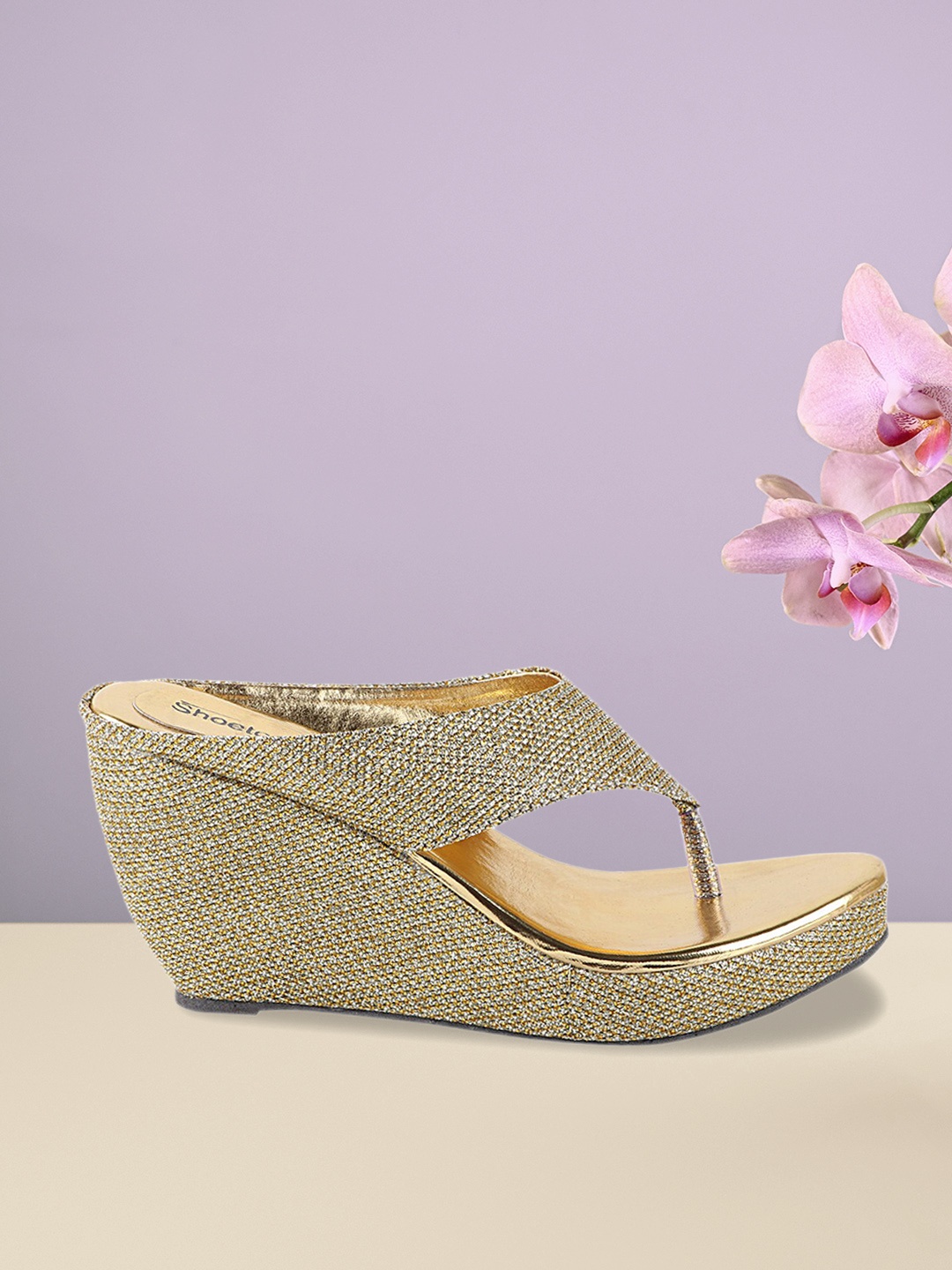 

Shoetopia Women Gold-Toned Embellished Wedges