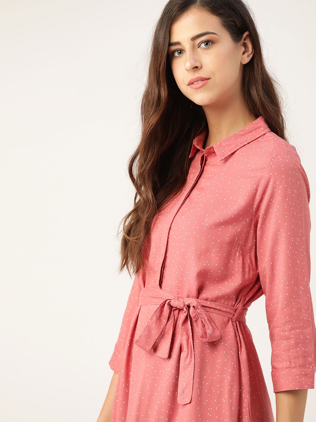 

ether Women Coral Pink Printed Shirt Dress with Belt