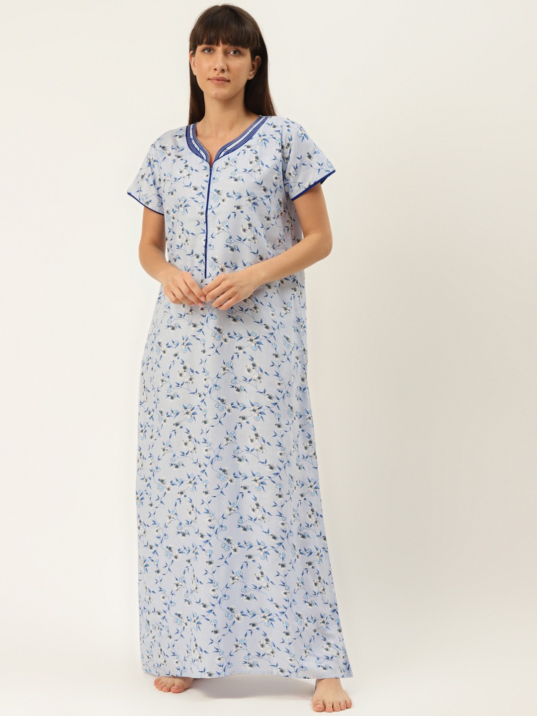 

Sweet Dreams Blue & White Pure Cotton Floral Print Maxi Nightdress