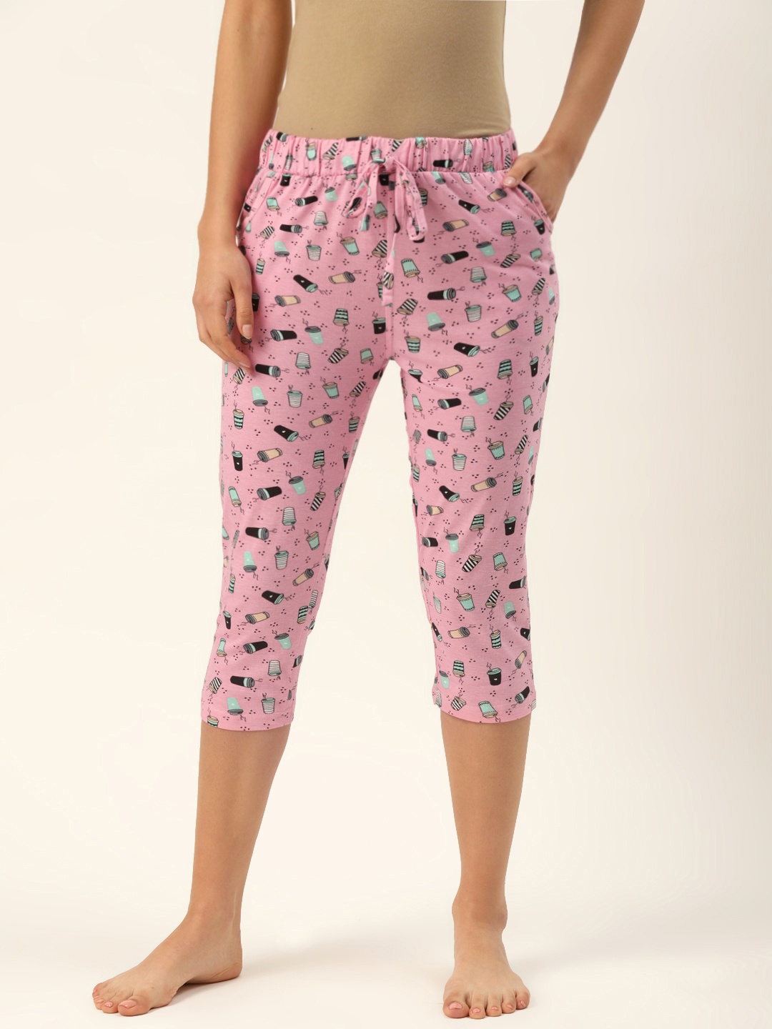

Sweet Dreams Women Pink & Green Pure Cotton Printed Lounge Capris
