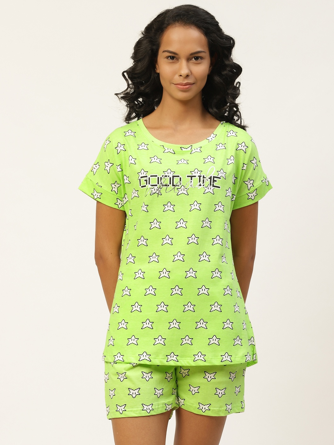

Sweet Dreams Women Green & White Pure Cotton Printed Nightsuit