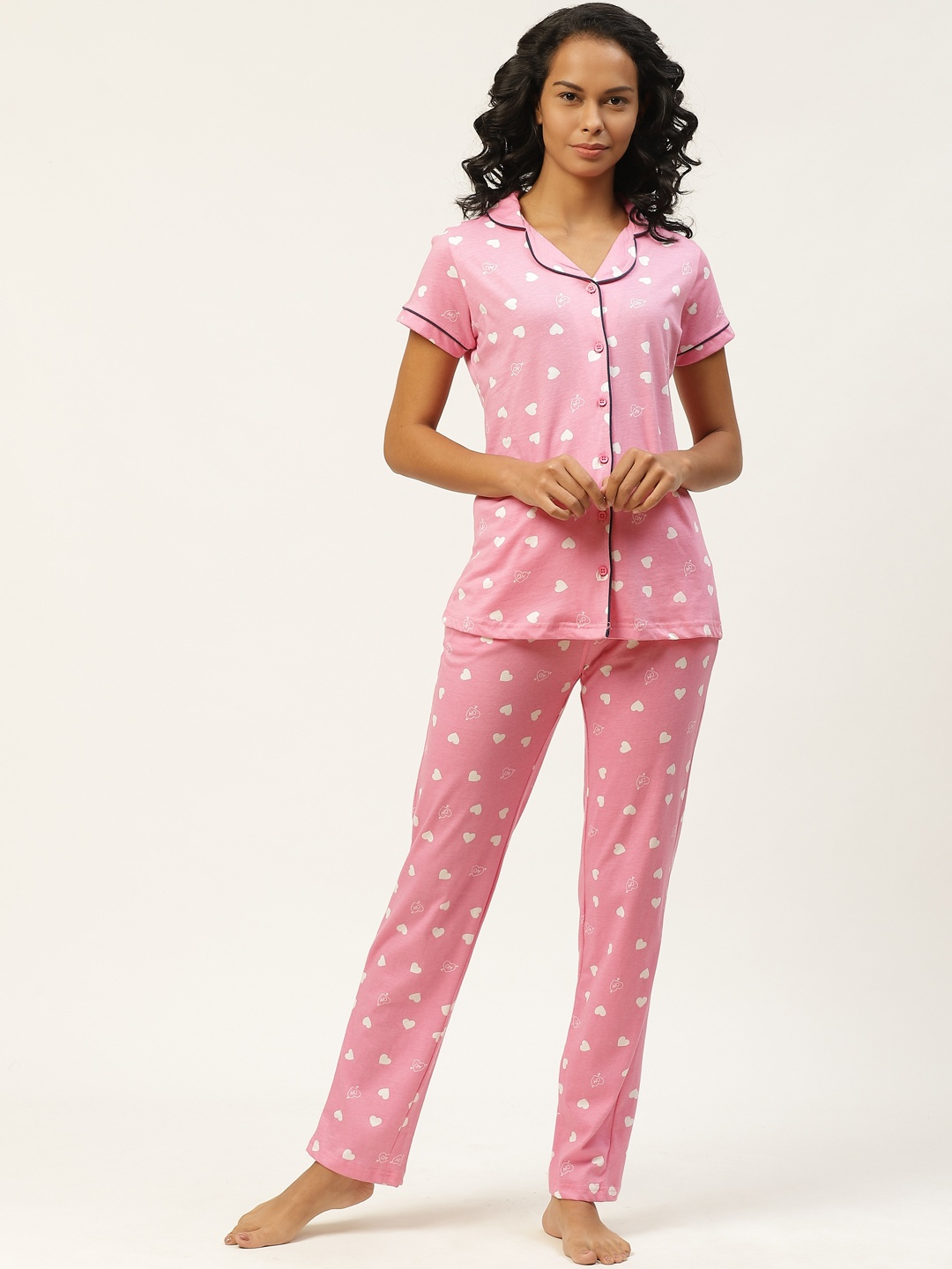 

Sweet Dreams Women Pink & White Pure Cotton Heart Print Nightsuit