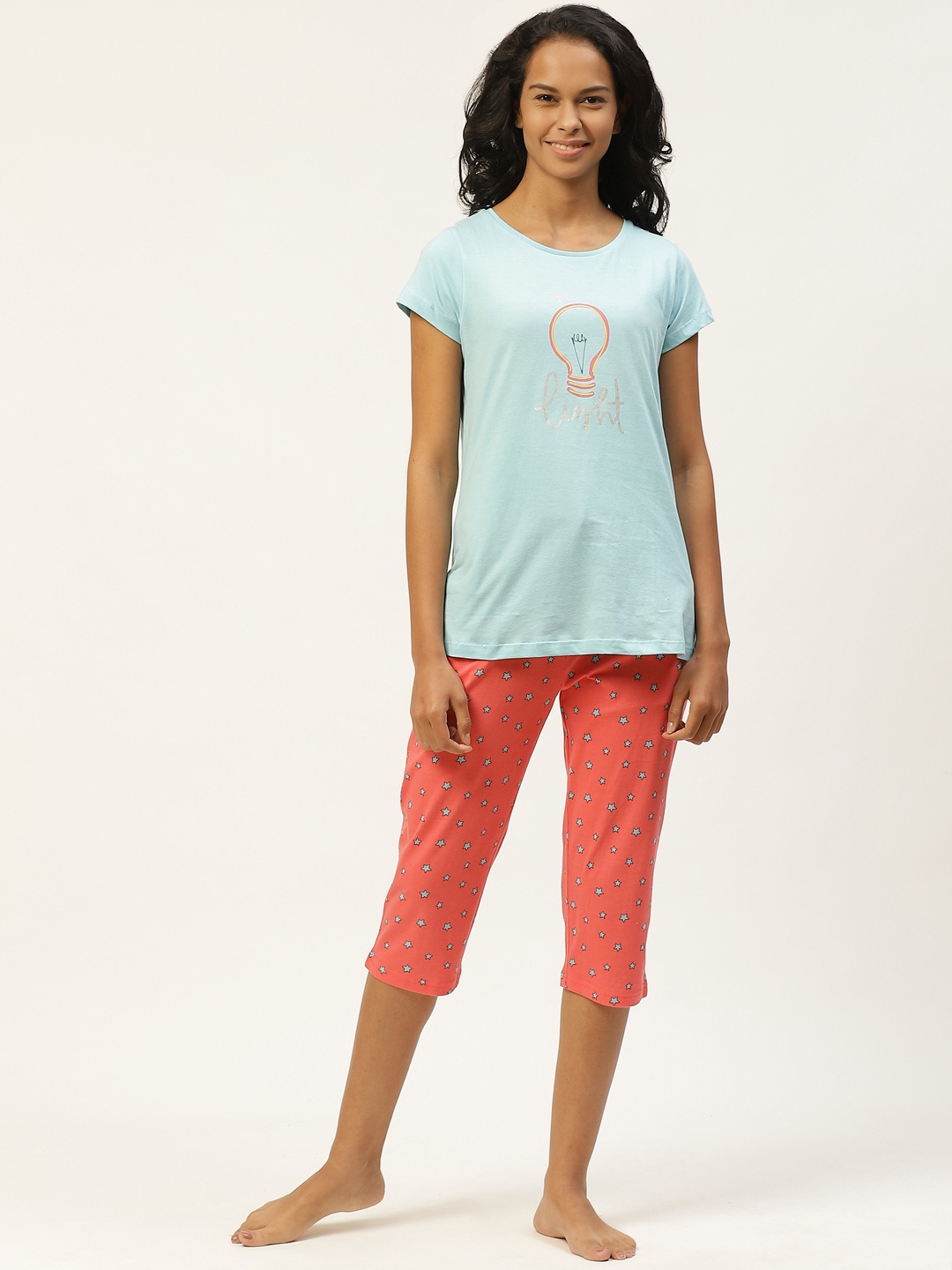

Sweet Dreams Women Blue & Coral Pink Pure Cotton Printed Nightsuit