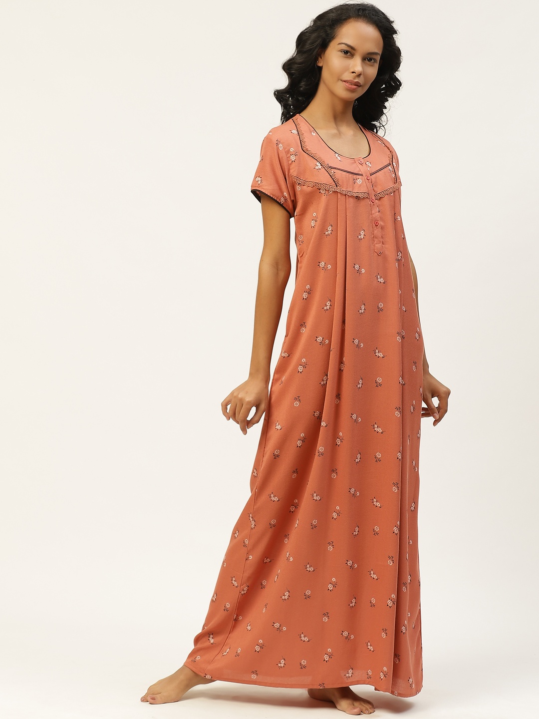 

Sweet Dreams Women Rust Orange & White Floral Printed Nightdress
