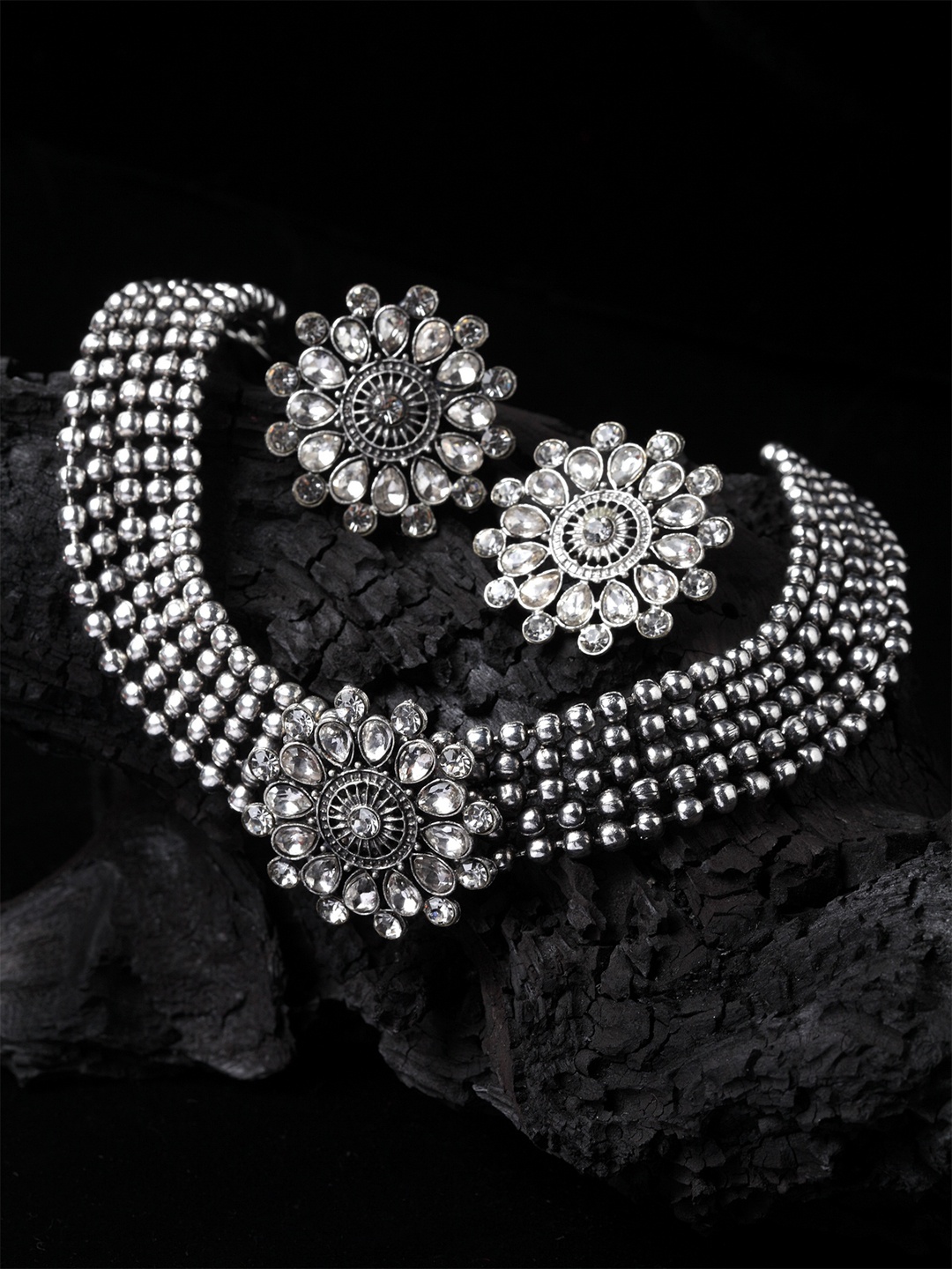 

PANASH Oxidized Silver-Plated White CZ-Studded Jewellery Set