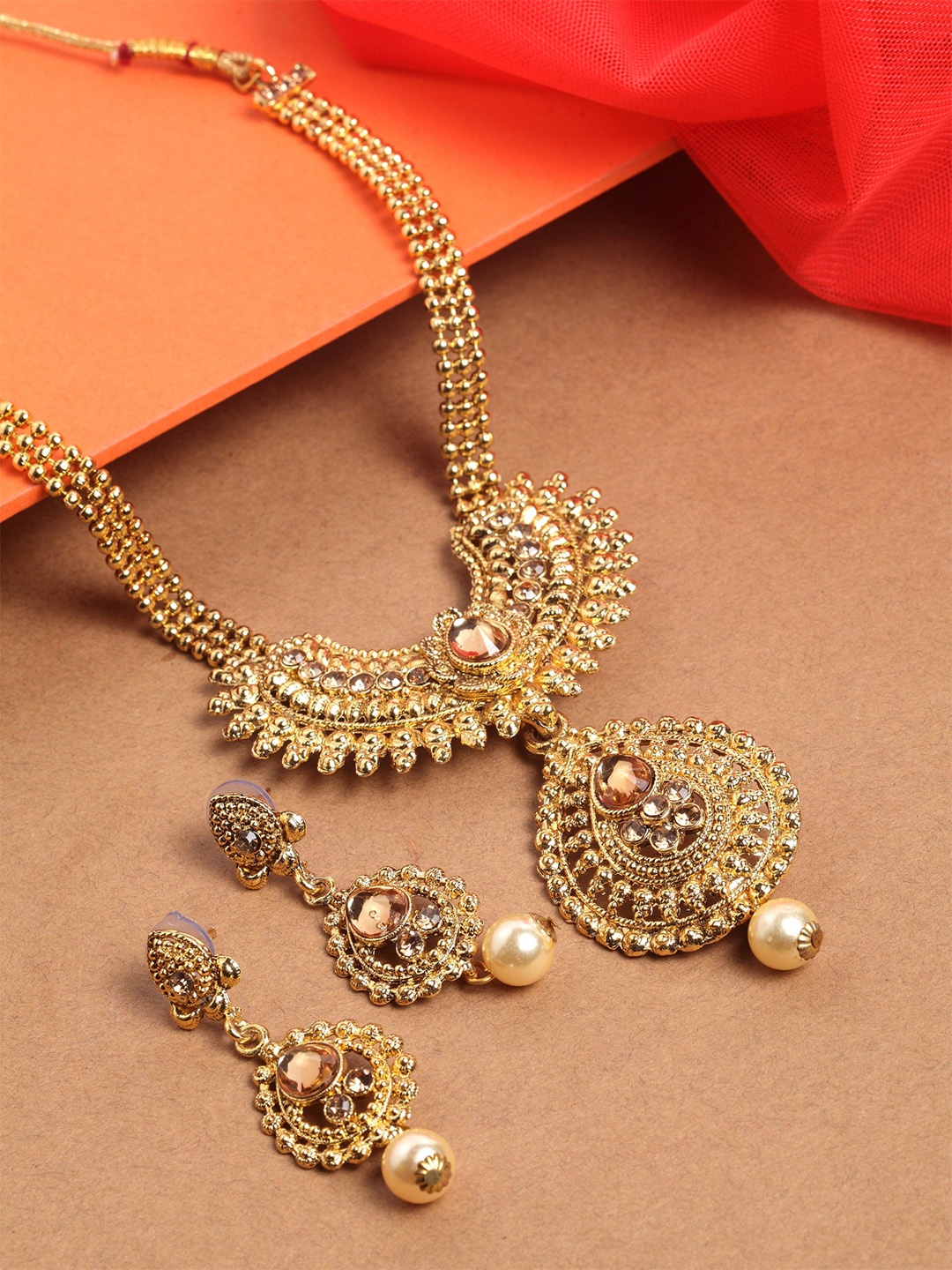 

PANASH Gold-Plated LCT-color Stone-Studded & Pearl Beaded Handcrafted Jewellery Set