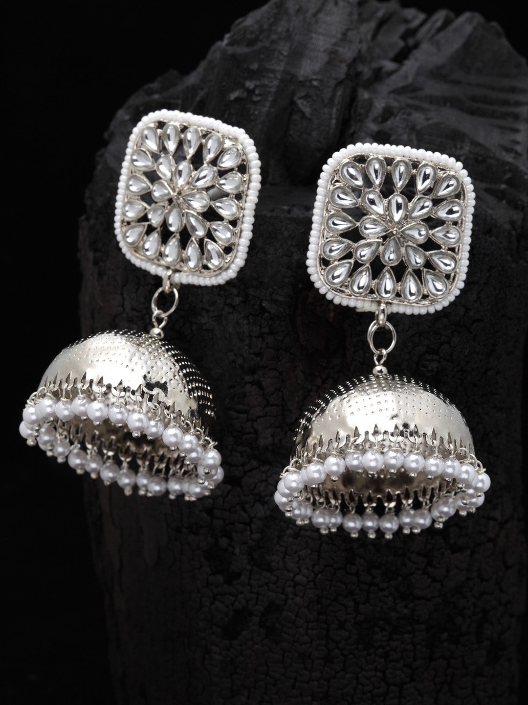 

PANASH Silver-Toned Contemporary Jhumkas