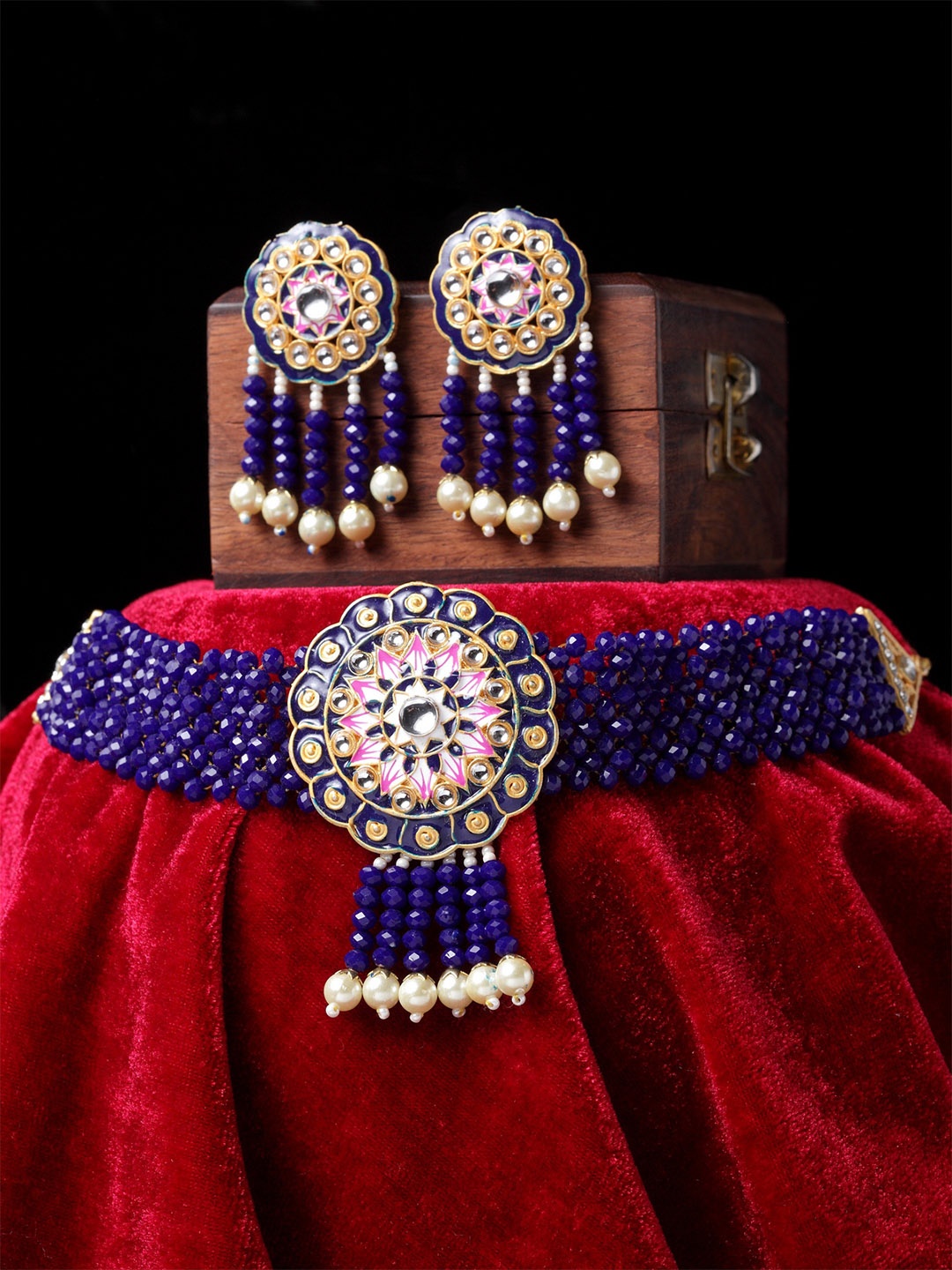 

PANASH Gold-Plated & Blue Kundan Studded & Pearl Embellished Meenakari Jewellery Set