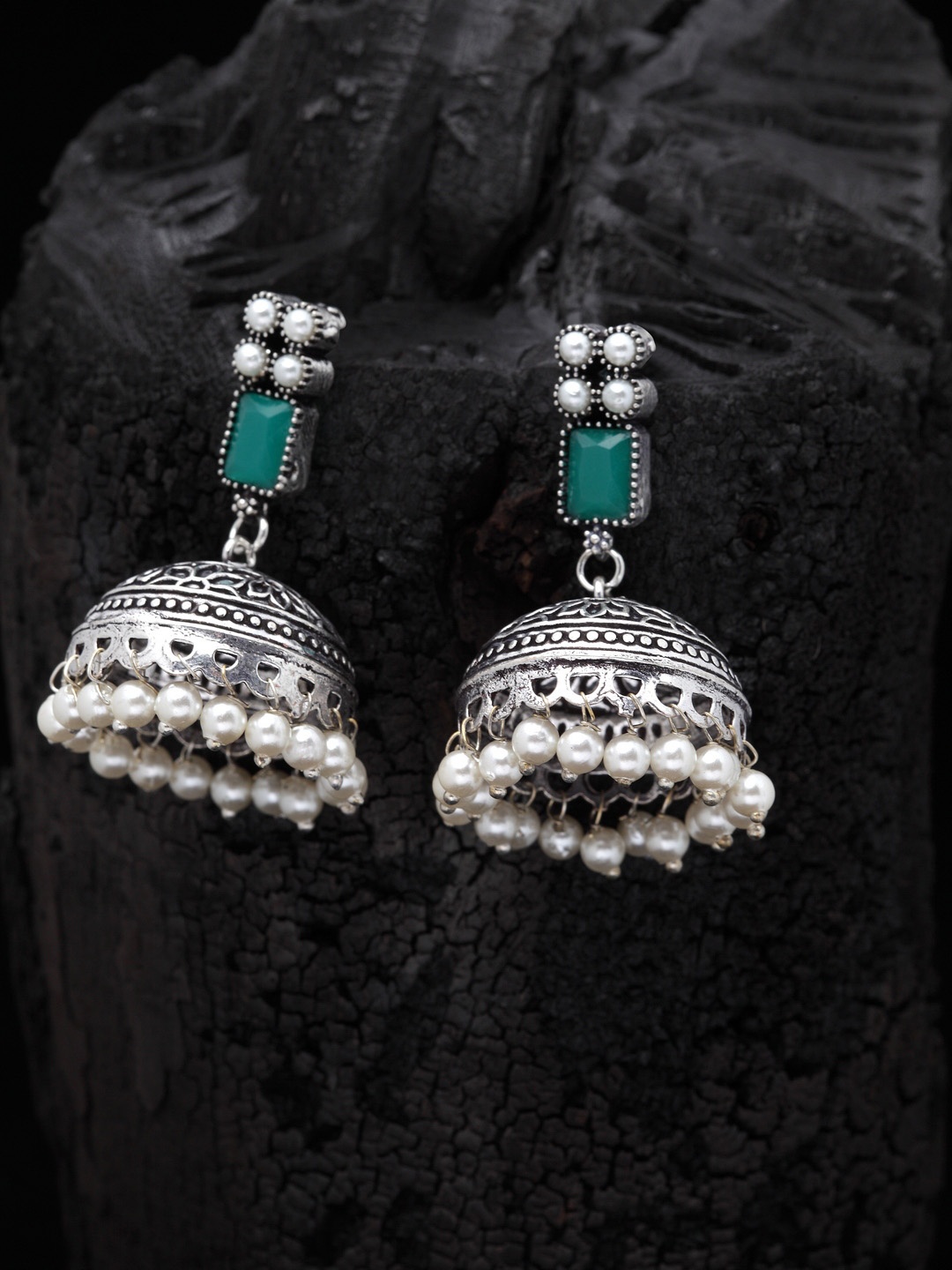 

PANASH Silver-Plated & Green Oxidised Jhumkas