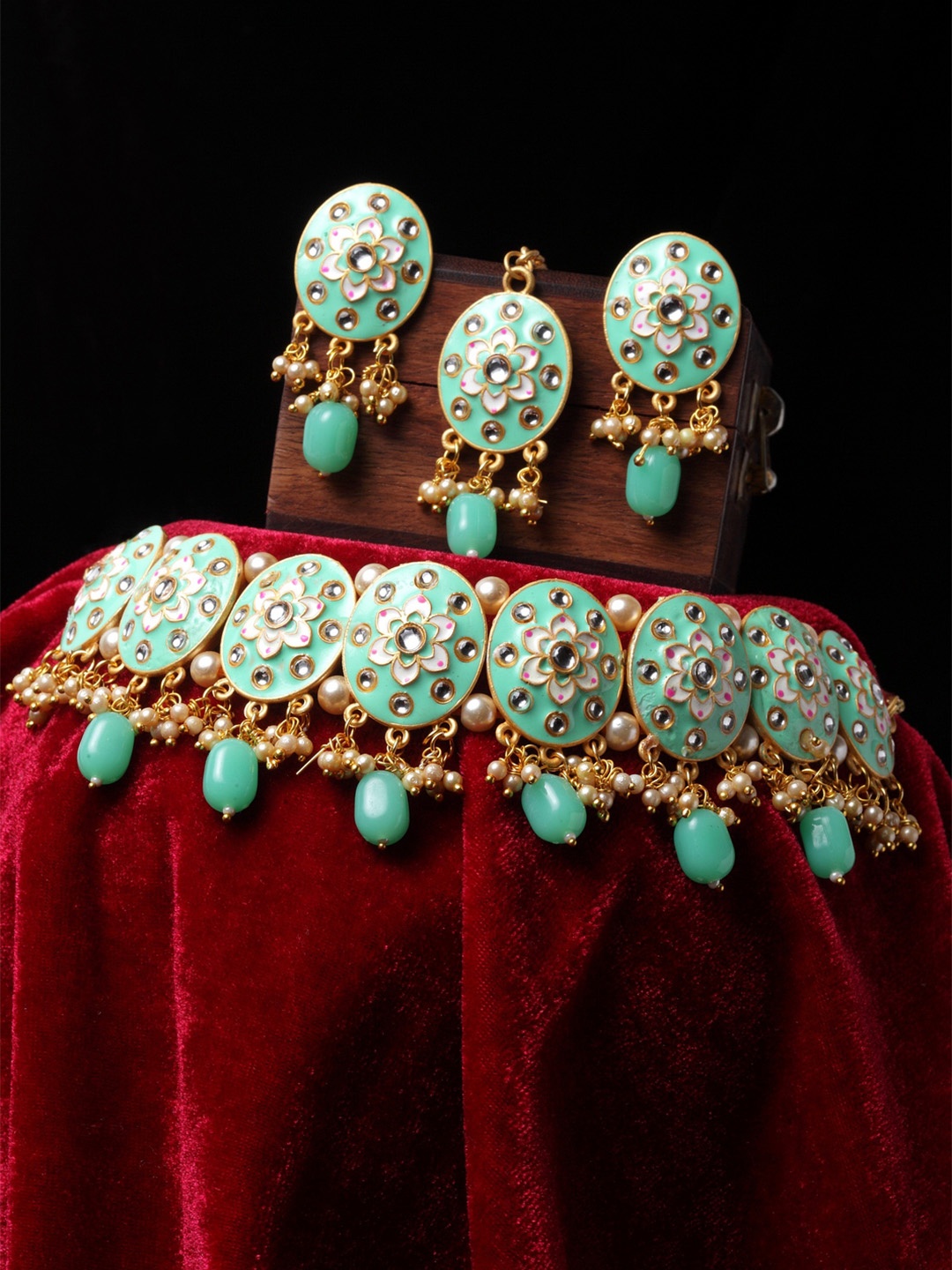 

PANASH Gold-Plated Sea Green & White Kundan Stone Studded Meenakari Jewellery Set