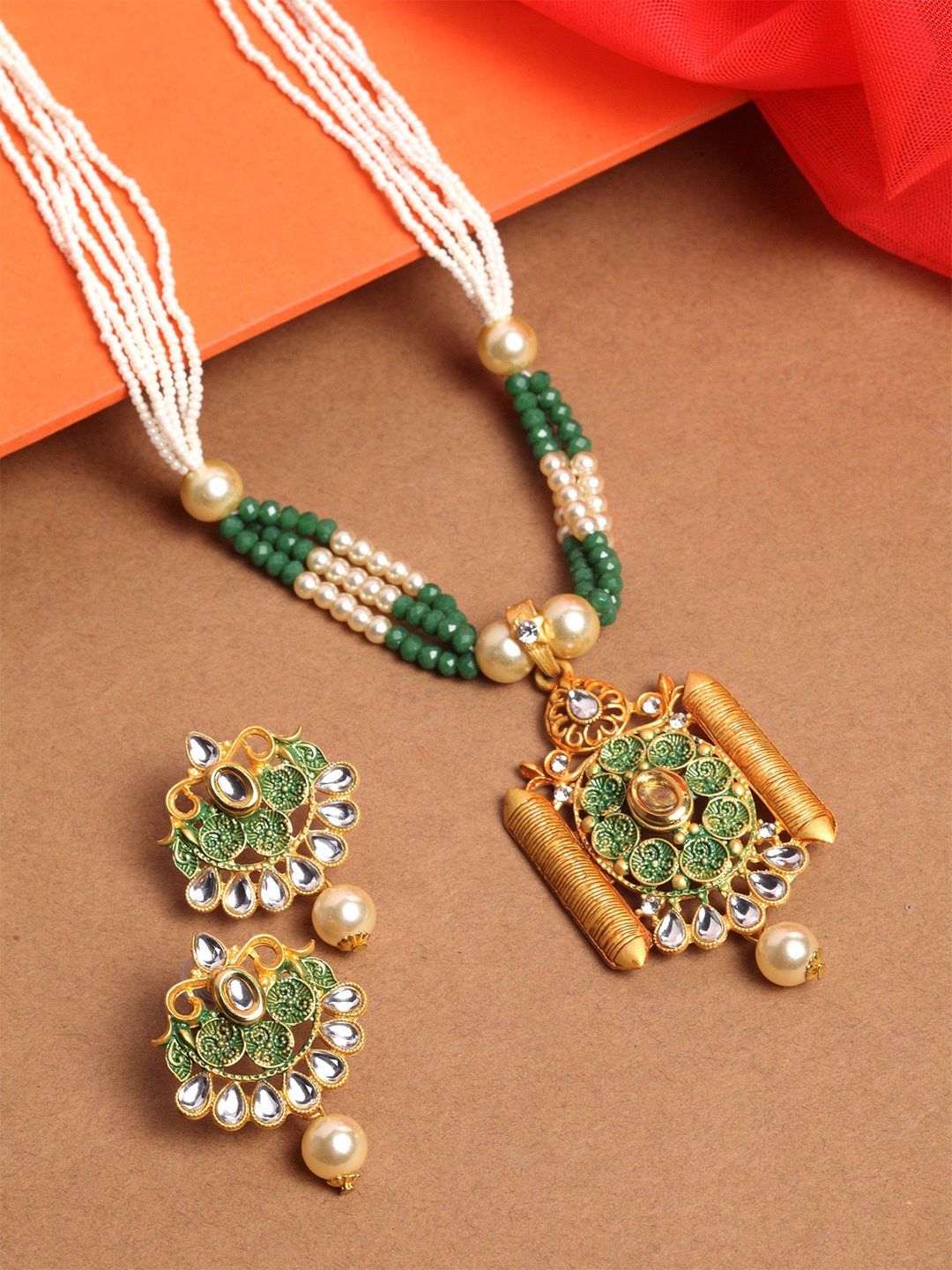 

PANASH Gold-Plated Green & White Kundan Beaded Enamelled Handcrafted Jewellery Set