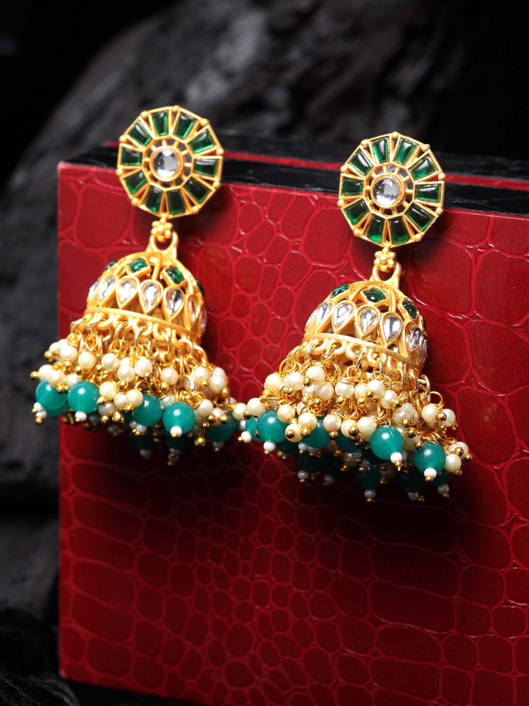 

PANASH Gold-Toned & Green Handcrafted Dome Shaped Jhumkas