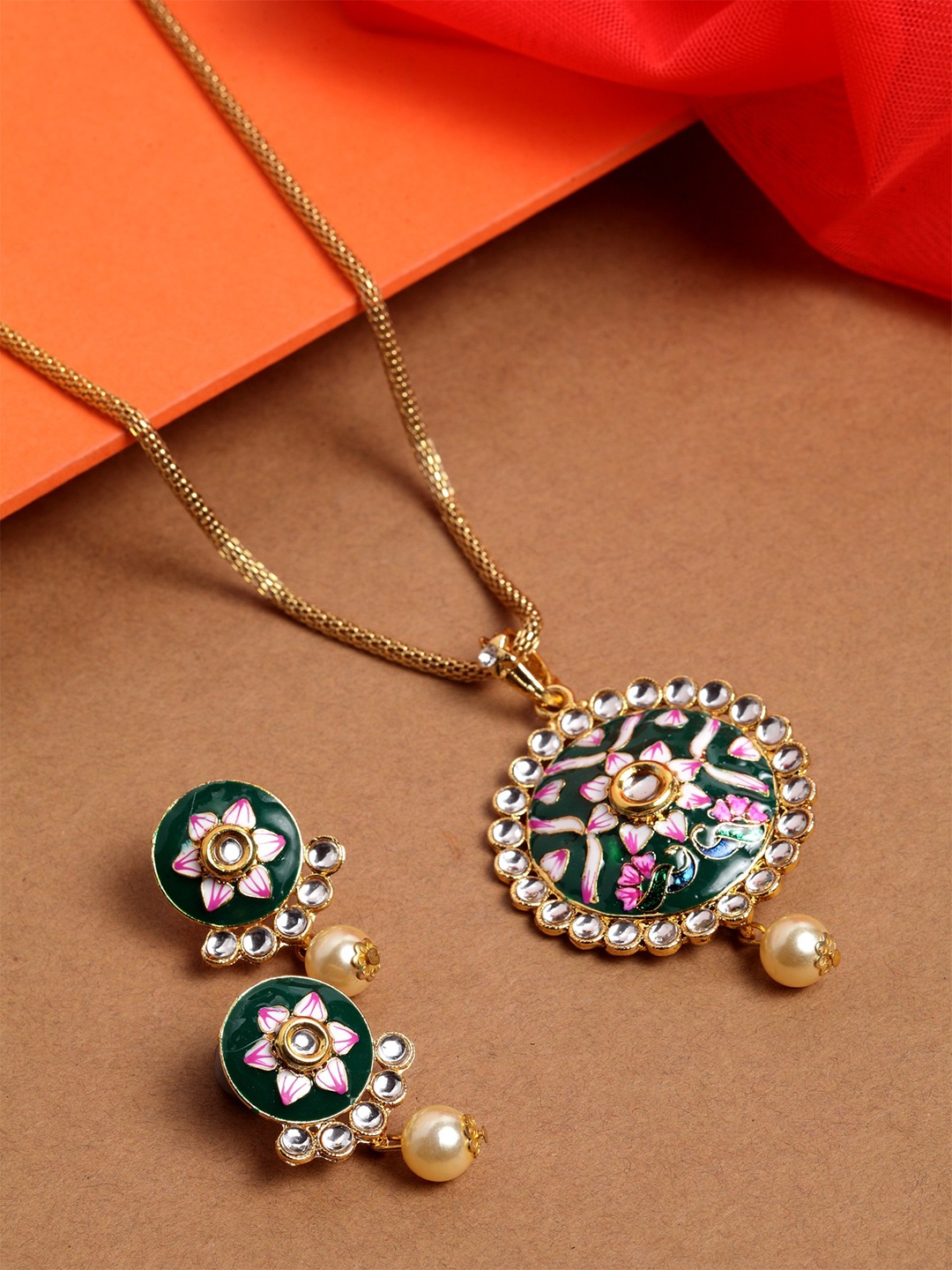 

PANASH Gold-Plated & Green Kundan Studded Handcrafted Meenakari Jewellery Set