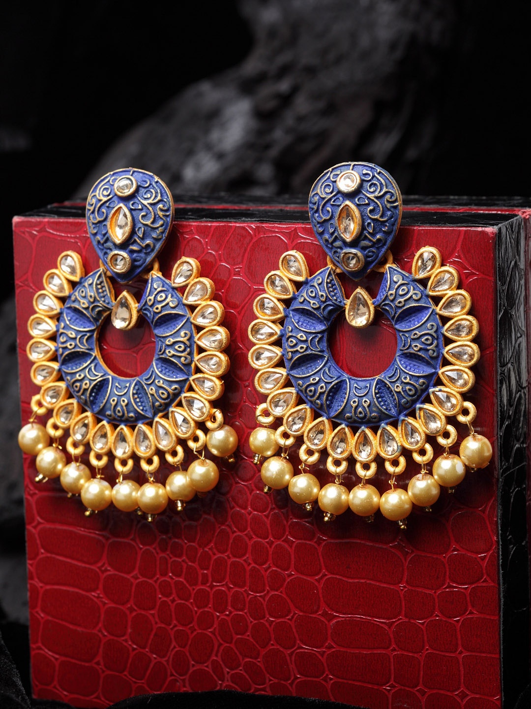 

PANASH Gold-Toned & Blue Enamelled Crescent Shaped Chandbalis