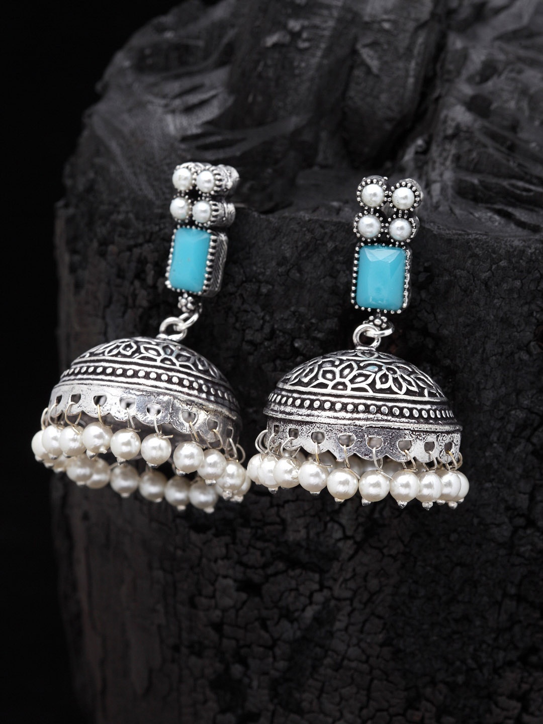 

PANASH Silver-Plated & Turquoise Blue Oxidised Jhumkas