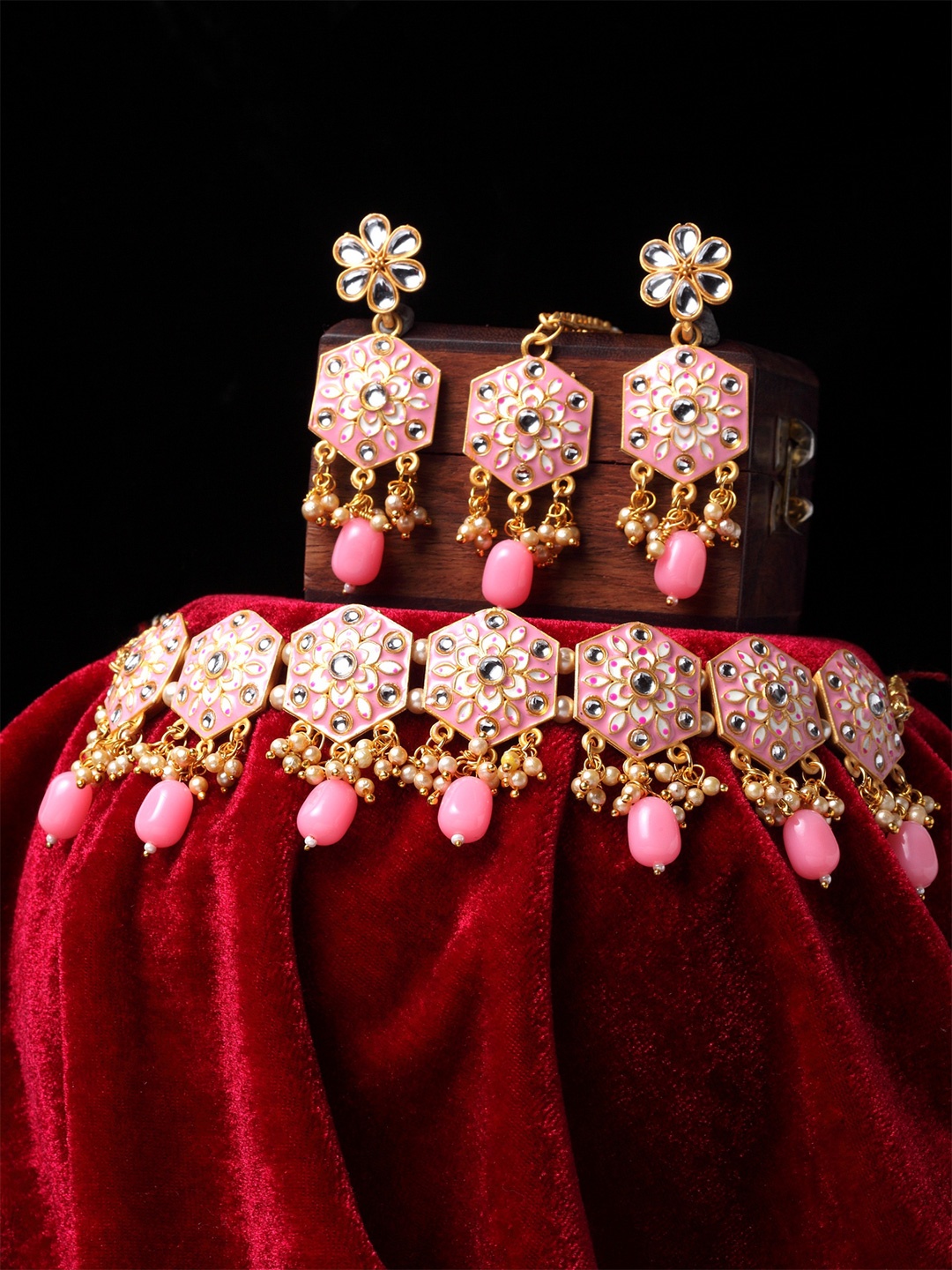 

PANASH Gold-Plated Pink & White Kundan-Studded & Beaded Meenakari Handcrafted Jewellery Set