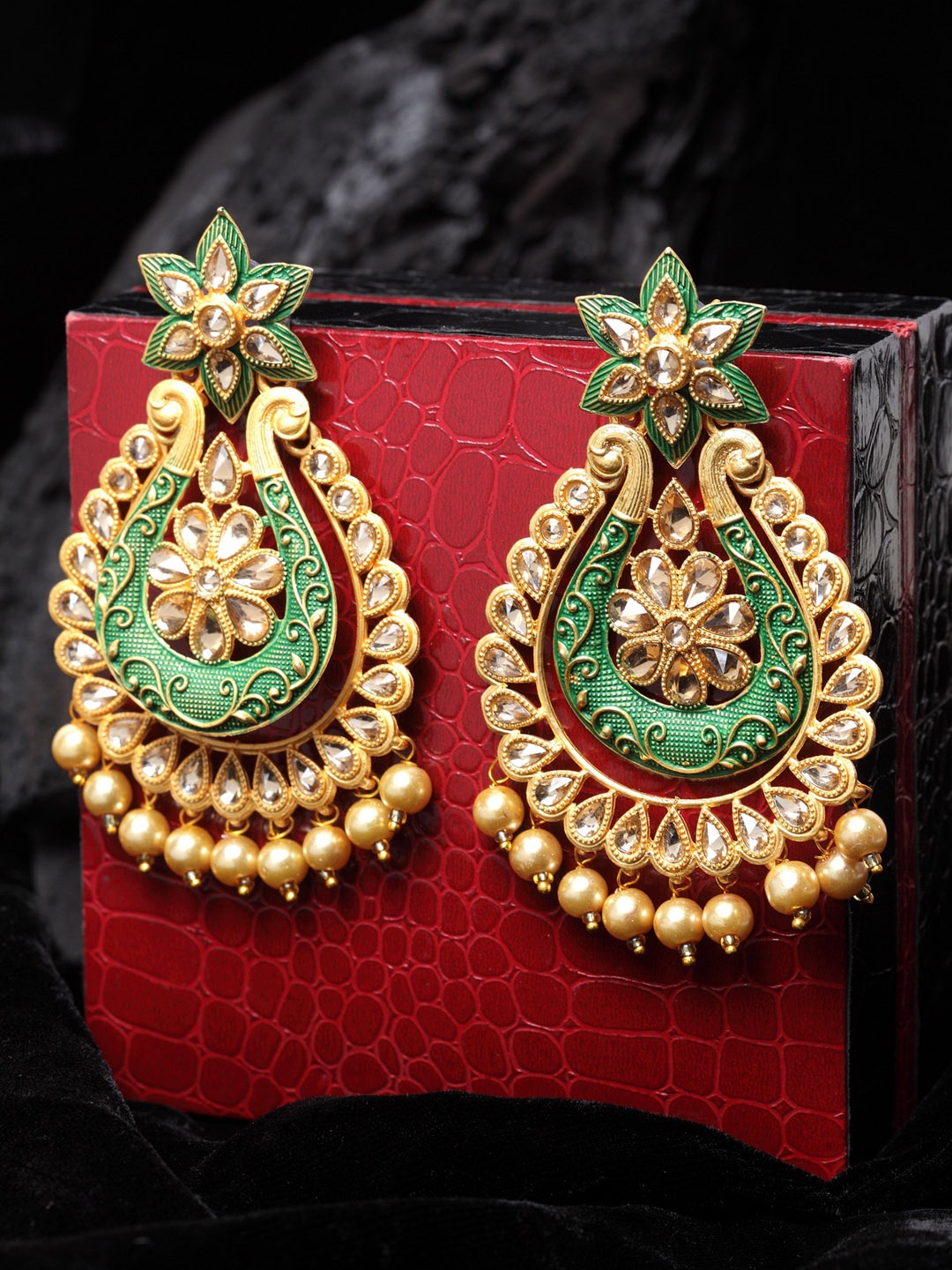 

PANASH Gold-Toned & Green Enamelled Crescent Shaped Chandbalis