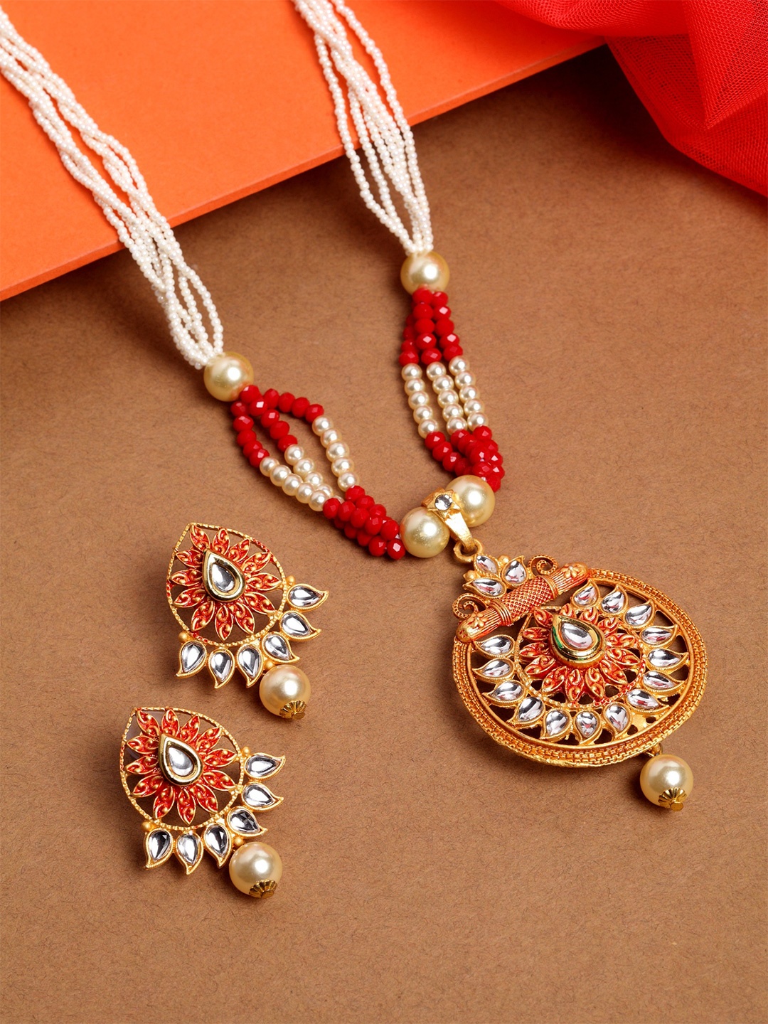 

PANASH Gold Plated Red & White Pearl Beaded & Kundan Studded Enamlled Jewellery Set
