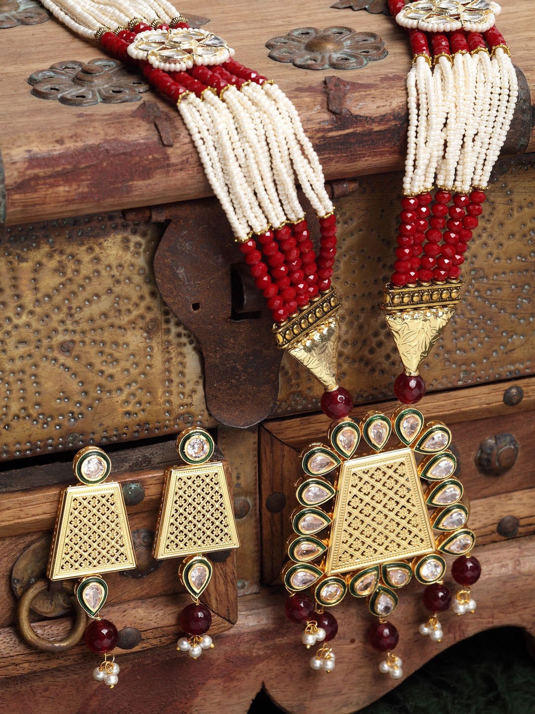 

PANASH Gold-Plated Red & White Handcrafted Stone-Studded Jewellery Set