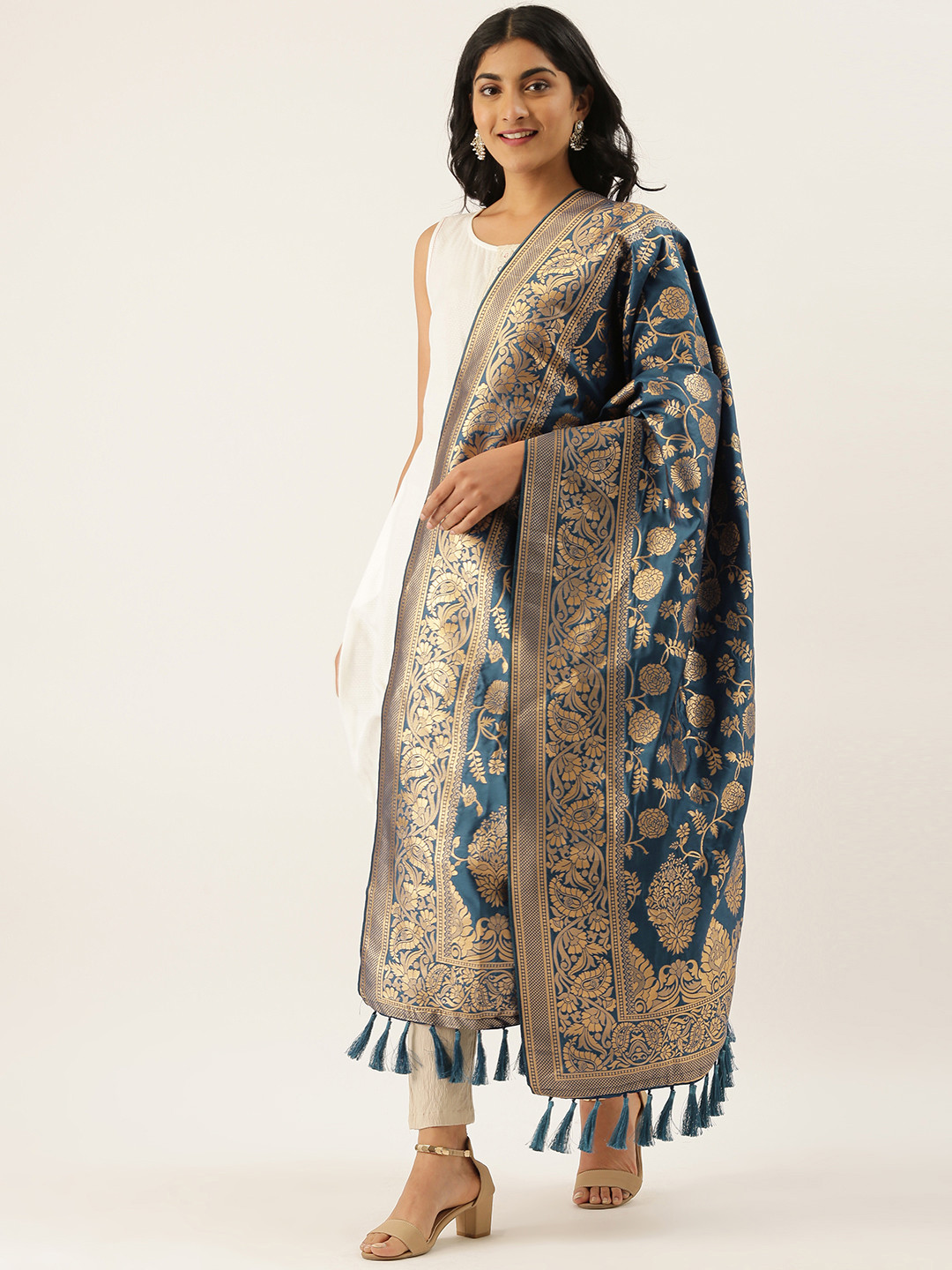 

VASTRANAND Blue & Golden Woven Design Dupatta