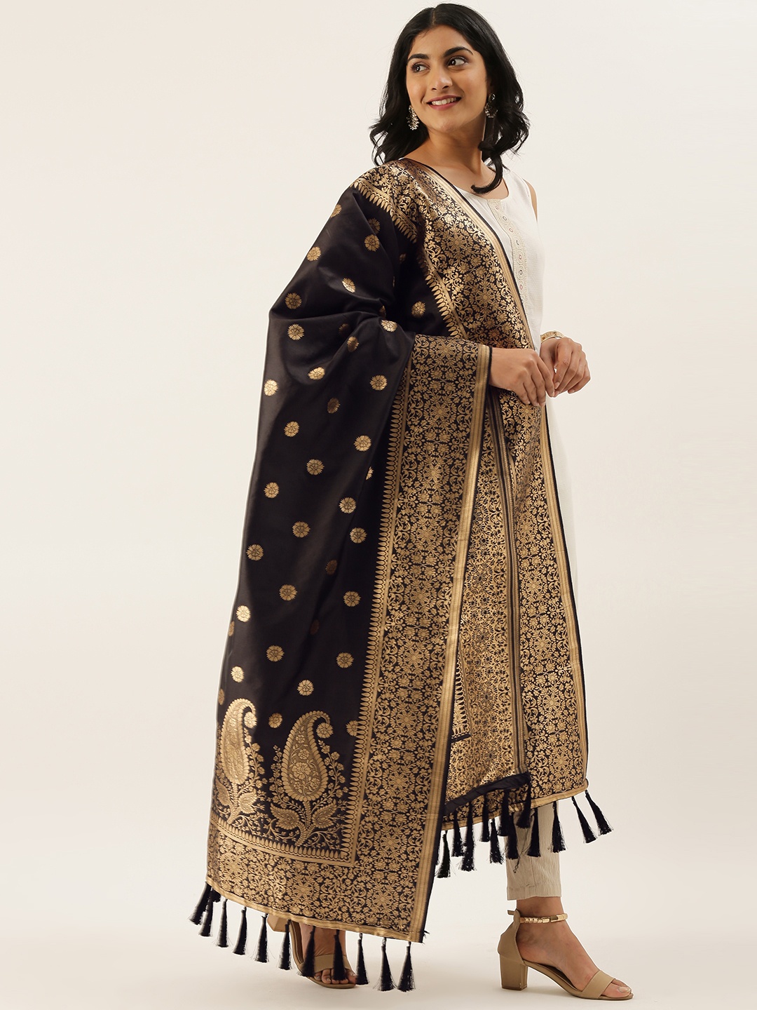 

VASTRANAND Black & Golden Woven Design Dupatta