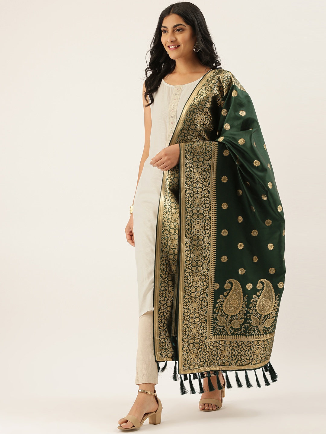 

VASTRANAND Green & Golden Woven Design Dupatta
