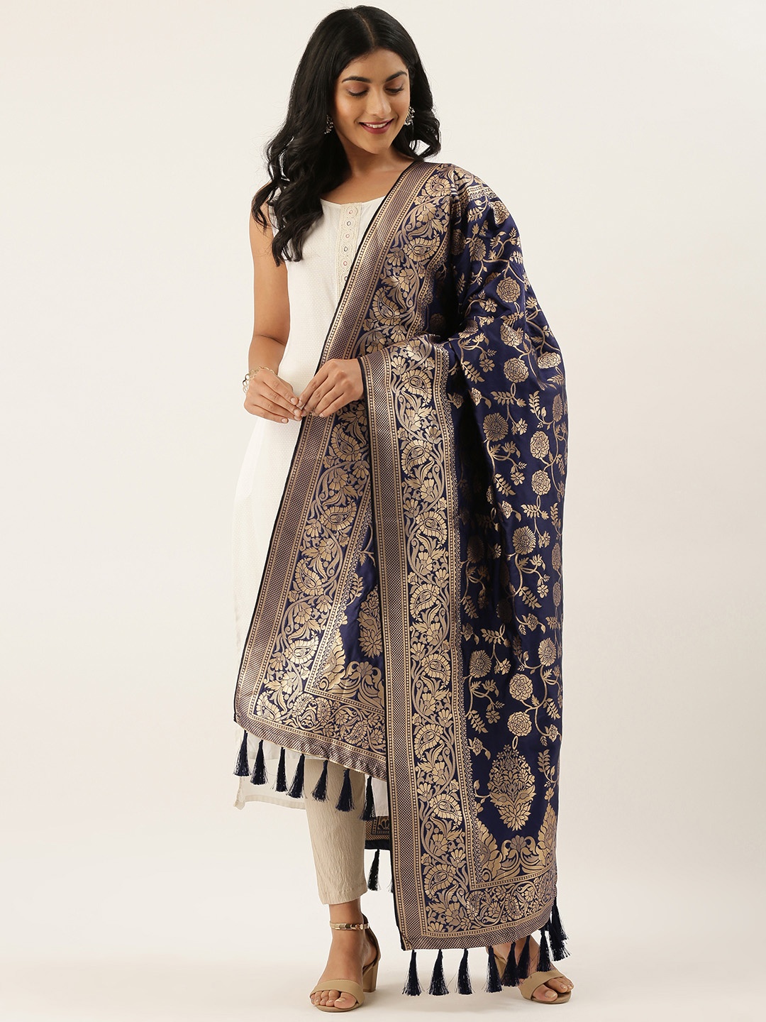 

VASTRANAND Navy Blue & Golden Woven Design Dupatta