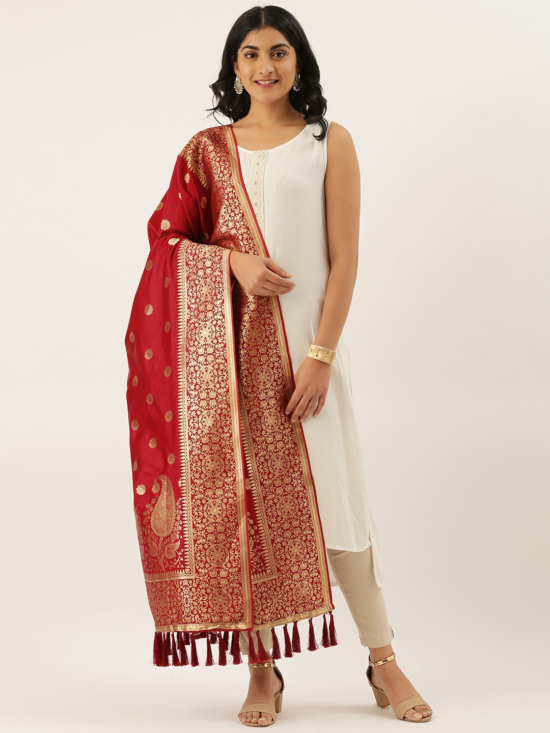

VASTRANAND Red & Golden Woven Design Dupatta