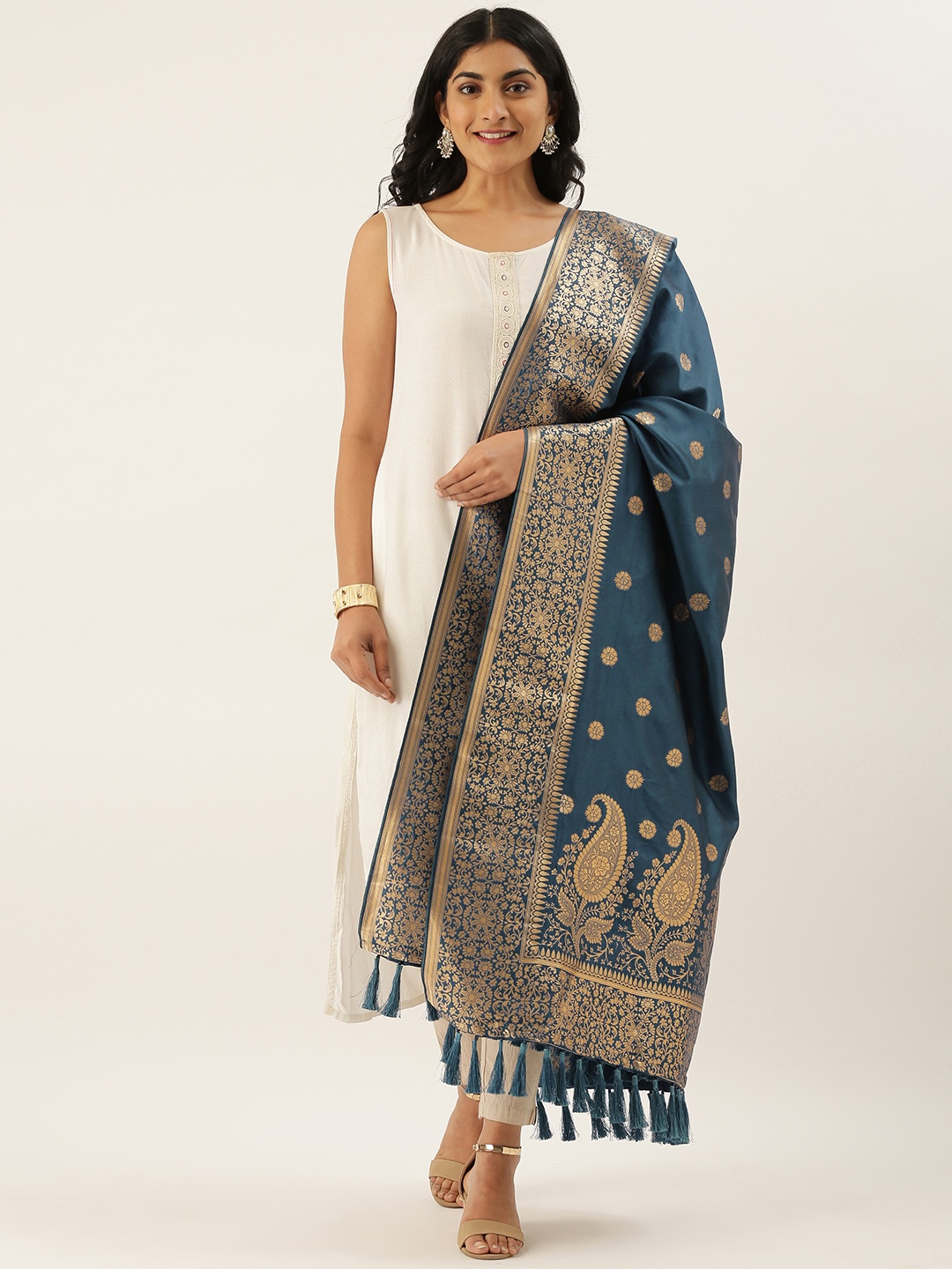 

VASTRANAND Navy Blue & Golden Woven Design Dupatta