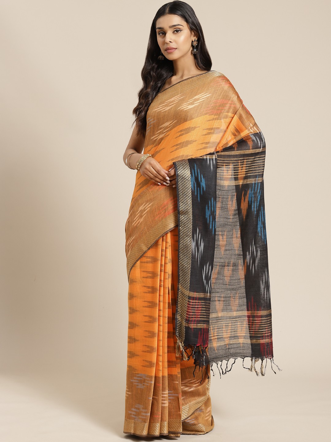 

swatika Orange & Black Abstract Zari Woven Design Handloom Bhagalpuri Saree