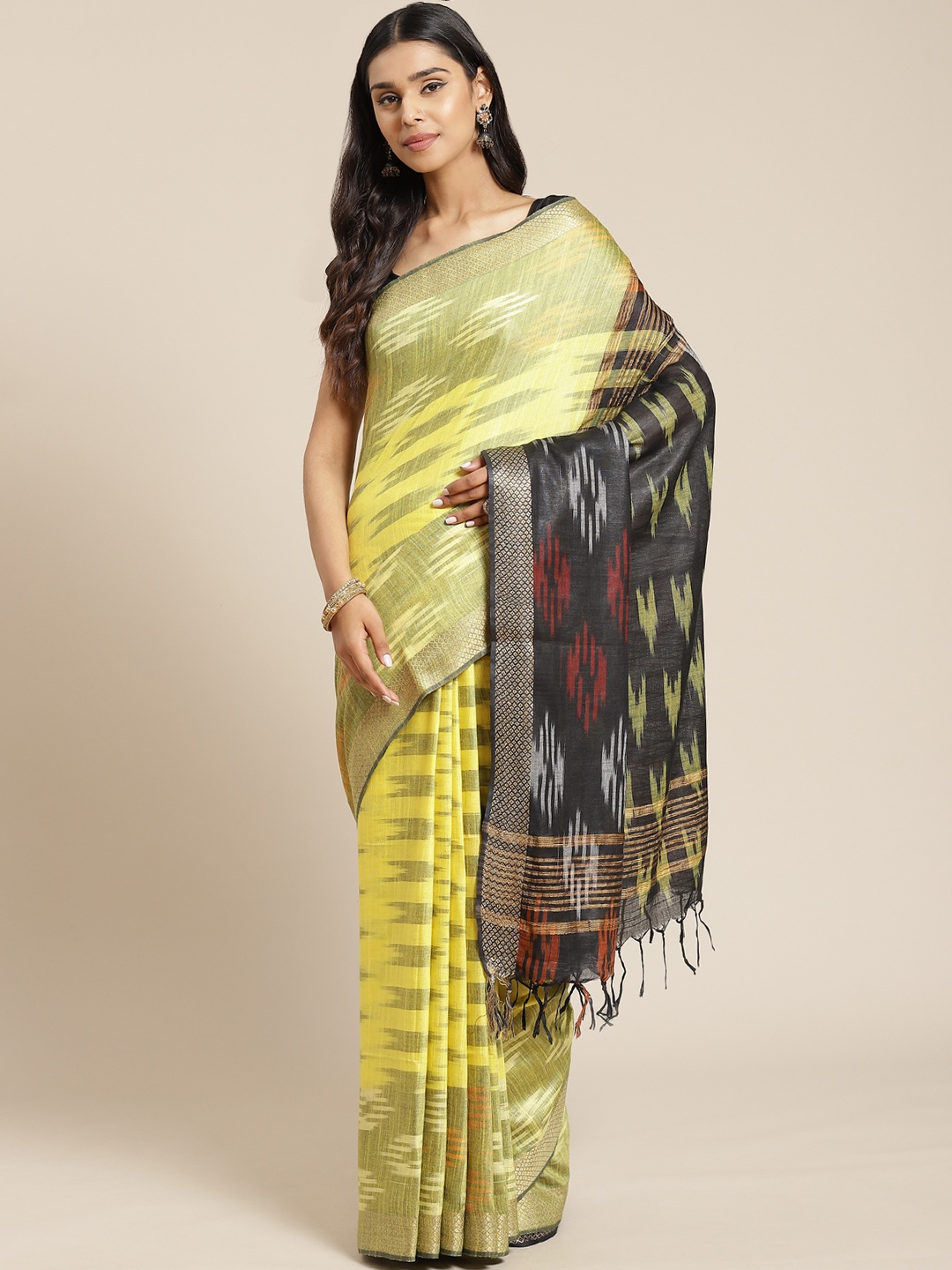 

swatika Yellow & Green Abstract Zari Woven Design Handloom Bhagalpuri Saree