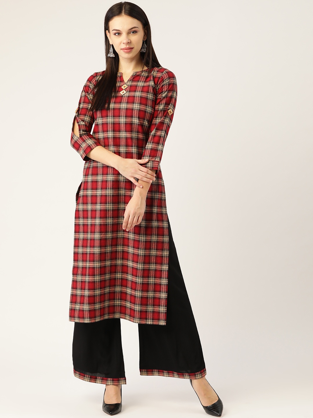 

Cottinfab Women Maroon & Beige Checked Kurta with Palazzos